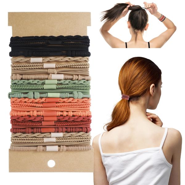 24pcs Hair Ties, Boho Hair Ties for Thick Hair Ponytail Holders No Damage Hair Ties Dark Elastics Hair Tie Bracelets for Women Girls Thick/Medium/Long Hair (4 Styles, 10 Colors)