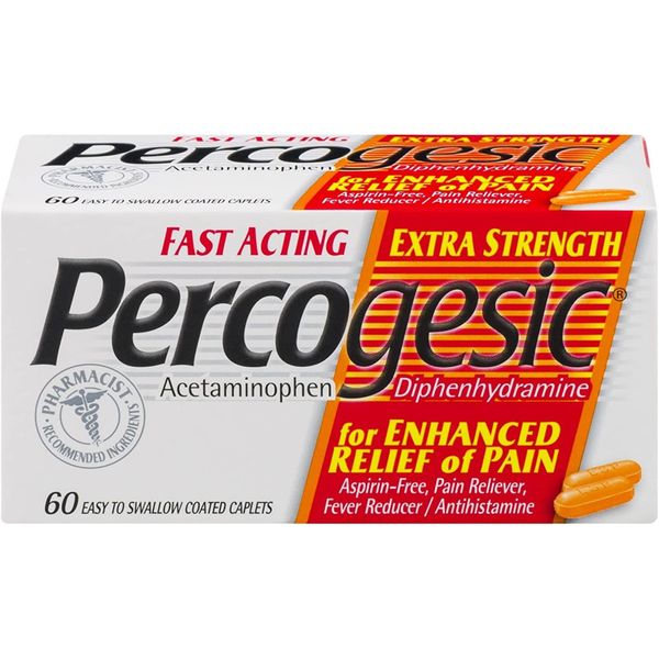 Percogesic Extra Strength Pain Reliever, Aspirin Free, Dual Action Relief, Fever Reducer, Antihistamine, 60 Safety Coated Tablets