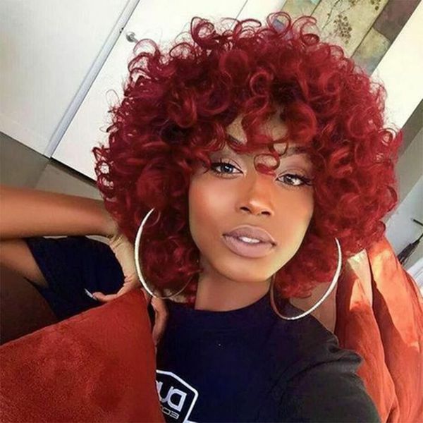 PHOENIXFLY Red Curly Wigs for Black Women Short Loose Burgundy Curly Wigs for Women Curly Synthetic Hair Wigs Heat Resistant Hair Replacement Wigs with Wig Caps(Burgundy,Red)