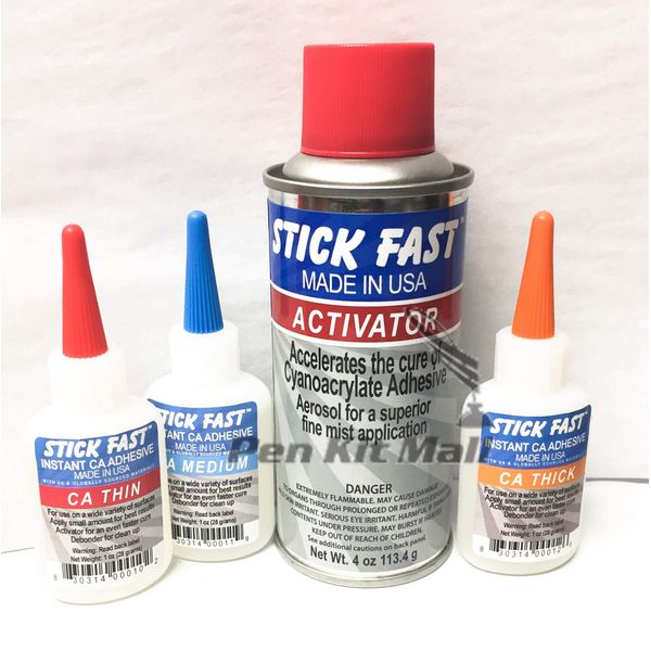 Stick Fast 4 Pc Starter Kit Activator 4 oz Activator 1oz Thin 1oz med 1oz Thick CA