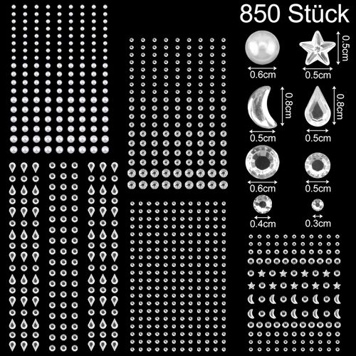 Self-Adhesive Glitter Stones, Pack of 850 Rhinestones, Self-Adhesive, Stickers, Glitter Rhinestone Temporary Tattoo for Face, Eyes, Body Nails, Crystal Jewels Gemstones for Festival Make-Up