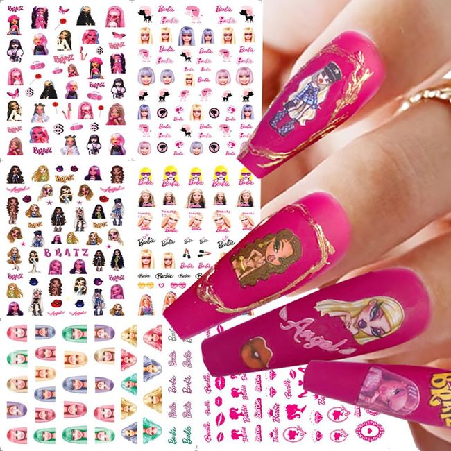 6 Sheets Cute Pink Girls Nail Stickers Cartoon Doll 3D Self-Adhesive Nail Art Decals Girls Face Nail Designs Supplies Nail Art Accessories for Women Teens Kids DIY Nail Decorations Gifts