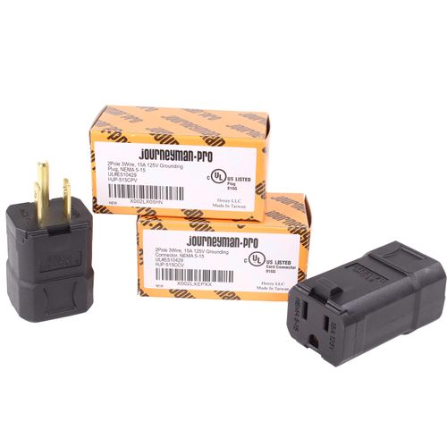 Journeyman-Pro Clamshell Plug & Connector Set 15 Amp 120-125 Volt, NEMA 5-15P + 5-15C (5-15R), 2Pole 3Wire, Straight Blade, Male & Female Replacement Cord End, Commercial Grade PVC Black (2)