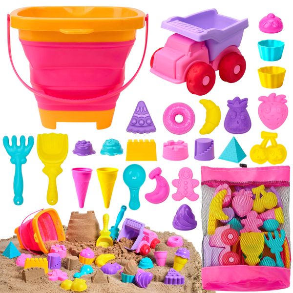 Sloosh Beach Sand Toys Set - Pink Dump Truck Car Toys with Sand Molds Toddlers Outdoor Play, Collapsible Buckets Mesh Bag Sand Shovels Castle Ice Cream Mold Sets, Kids Ages Sandbox Toys (Foods)