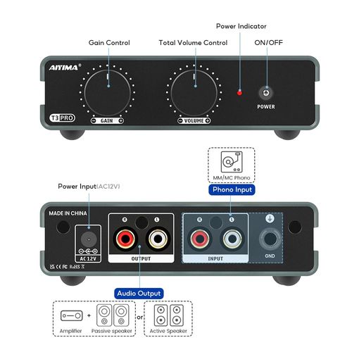 AIYIMA T3 PRO MM/MC Phono Preamp RIAA Equalization for Turntable/Vinyl Record Player/Home Stereo Amplifier/Speaker,Professional Phonograph Preamplifier With 39dB Gain &Volume Adjust & AC Power adapter