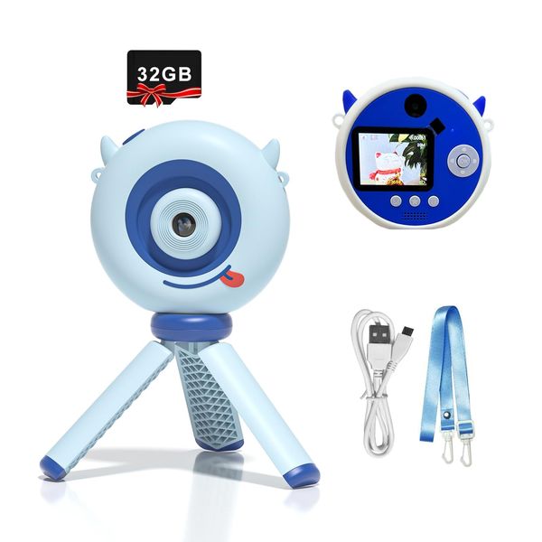 Kids Camera with Tripod, Kid Camera Toys with Flip-up Lens for Selfie & Video, MP3 Player, Christmas Birthday Gifts for Boys Girls, 32G SD Card Included (Blue Smiley)