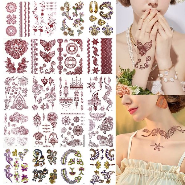 XMASIR 20 Sheets Brown Red Tattoos Stickers Lace Colorful Tattoo Flash Fake flower Tattoo Waterproof Temporary Tattoo Stickers for Women Girls Body Art