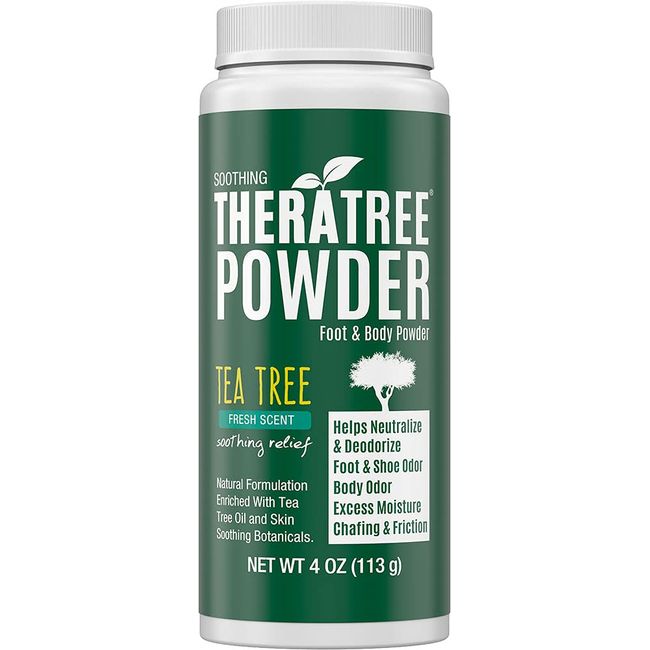 TheraTree Foot, Body and Shoe Powder with Tea Tree for Odor and Moisture Control with Organic and Natural Ingredients - Fresh Scent 4 oz