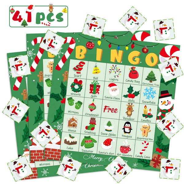 WATINC 41pcs Christmas Bingo Game, Christmas Party Games with 24 Players, Christmas Bingo Cards for Kids School Classroom Party Supplies Activity, Christmas Eve Surprise, Party Favor for Family