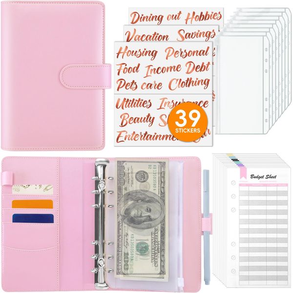 Sooez Budget Binder with Zipper Envelopes, A6 Money Organizer for Cash Saving Binder with 39 Rose Gold Stickers &Expense Budget Sheets, Cash Envelopes for Budgeting and Saving, Budget Book, Pink