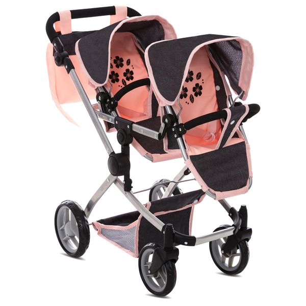 Baby Doll Double Stroller, Twin Pram Buggy Pretend Play for Girls Kids 27.5 Inches High Adjustable Handle Rotating Wheels Storage Basket Diaper Bag