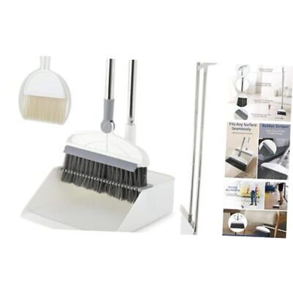 Broom with Dustpan Combo Set, 2 in 1 Broom and Dustpan Set with Long White