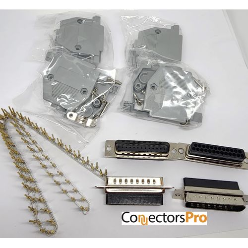 Connectors Pro - 4 Sets Crimp Type DB25 Male + Plastic Hoods + Pins D-Sub 25P Male Crimp Connector Pin Hood Kit - 4 DB25 Males + 4 Hoods + 100 Pins