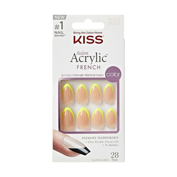 KISS Salon Acrylic French, Press-On Nails, Nail glue included, Hype', Light Neon Yellow, Medium Size, Almond Shape, Includes 28 Nails, 2G Glue, 1 Manicure Stick, 1 Mini File