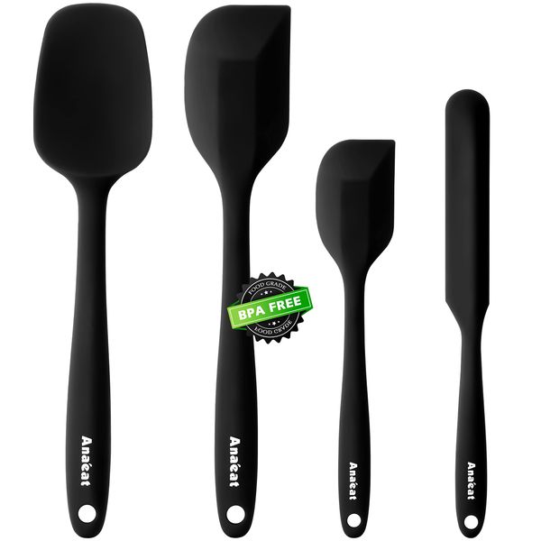 Anaeat 4 Piece Silicone Spatula Set - One Piece Seamless Design - Non Stick Rubber Spatulas Kitchen Scraper for Baking, Cooking, Scraping & Mixing, Heat Resistant & BPA Free & Dishwasher Safe (Black)