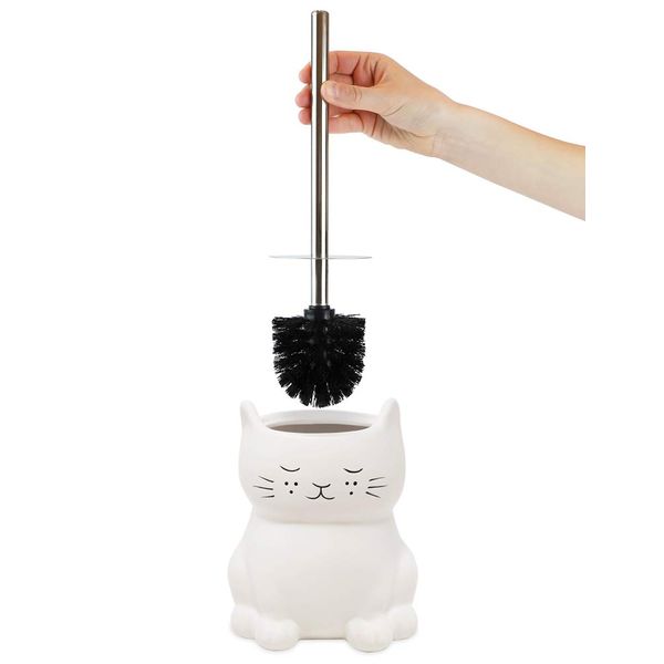 Isaac Jacobs White Ceramic Cat Toilet Bowl Brush Holder with Chrome Metal Handle (Unassembled) - Bathroom Accessory & Cleaning Storage (Cat)