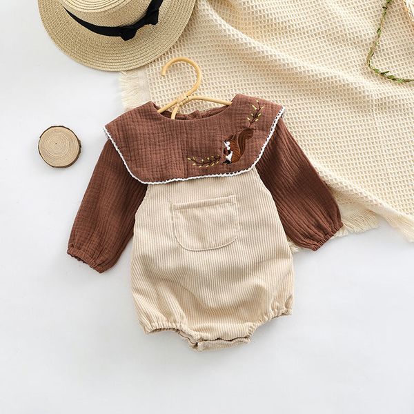 Baby Embroidered Pattern Lapel Cotton Shirt Combo Corduroy Strap Onesies Sets - 66 (3-6M) / Beige