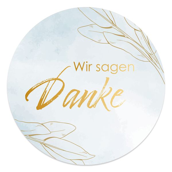 Danke Aufkleber rund 4,5 cm - Wir sagen Danke Sticker ideal für Hochzeit, Geburtstag, Dankeskarten & Give Aways (20x Stück, Goldblätter)