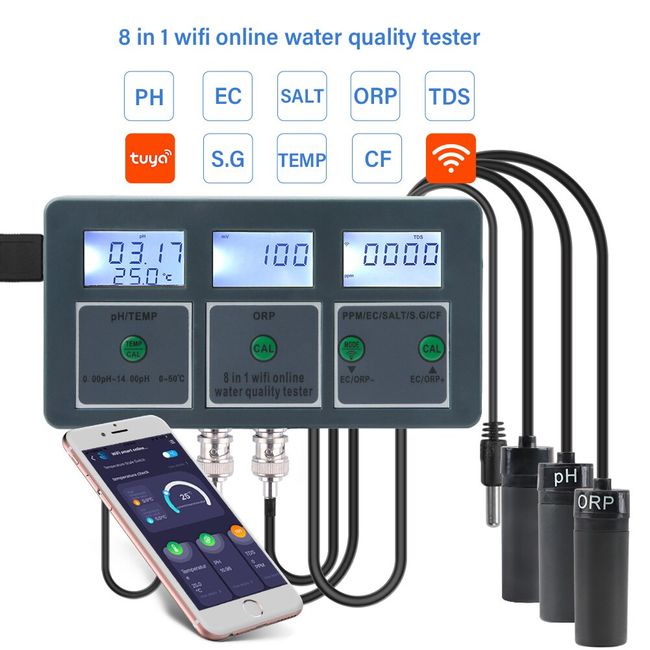 Tuya 8-In-1 Digital WiFi Water Quality Tester PH EC TDS SALT SG