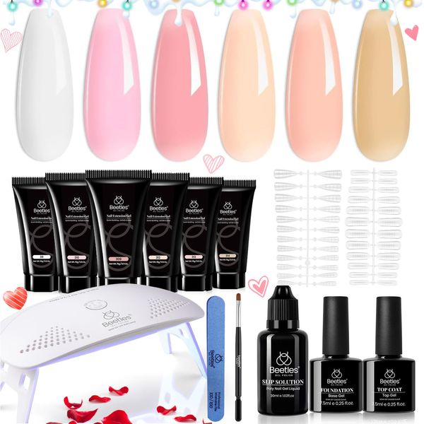 Beetles Poly Nail Gel Kit, 6 Colors Sheer Pink Nude Brown Jelly Extension Poly Nails Extension Gel Set Soak Off UV Gel Base & Top Coat for All In One Kit Builder Nail Gel Valentines Day Gift