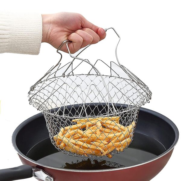 XFLYP Foldable Strainer Colander Food Basket Mesh Rinse Net, Multi-Function Stainless Steel Cooking Tool Round Oil Filter for Cooking Potato Chips Chicken Onion Ring Donuts