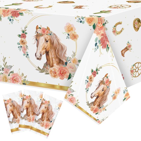 3Pcs Horse Tablecloth Gold Cowgirl Horse Birthday Party Table Cover Western Girl Horse Themed Party Decorations Plastic Disposable Rectangular Table Cloth Decor for Kids Birthday Party Supplies