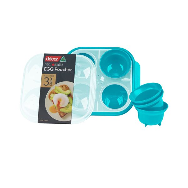 Décor Microwave Egg Poacher Cups for 4 | Food Grade Poached Egg Maker | Non-stick, Easy to Clean, BPA-free Plastic - Teal 4 Egg Tray