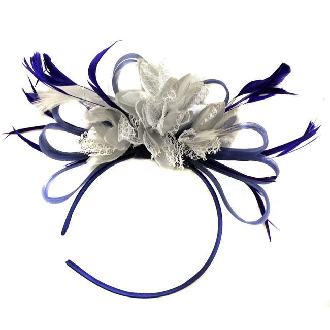 Caprilite Fashion Royal Blue and Silver Net Hoop Feather Hair Fascinator Headband Wedding Royal Ascot Races