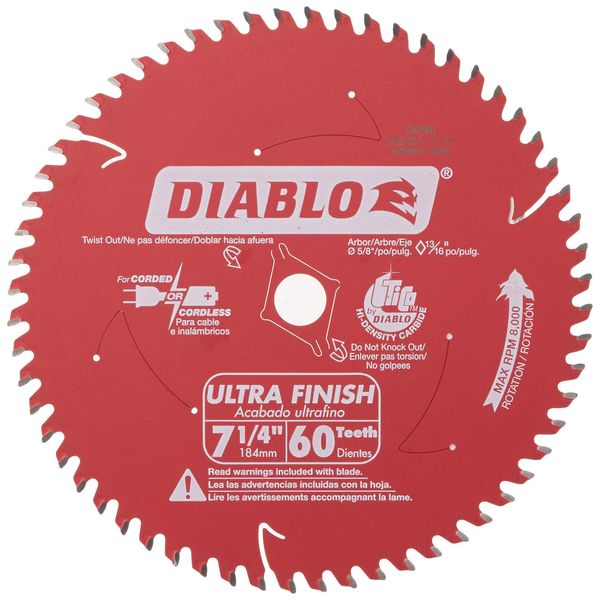 Freud D0760A Diablo 7-1/4" x 60-Tooth Ultra Fine Finishing Circular Saw Blade with 5/8" Arbor and Diamond Knockout Single Blade