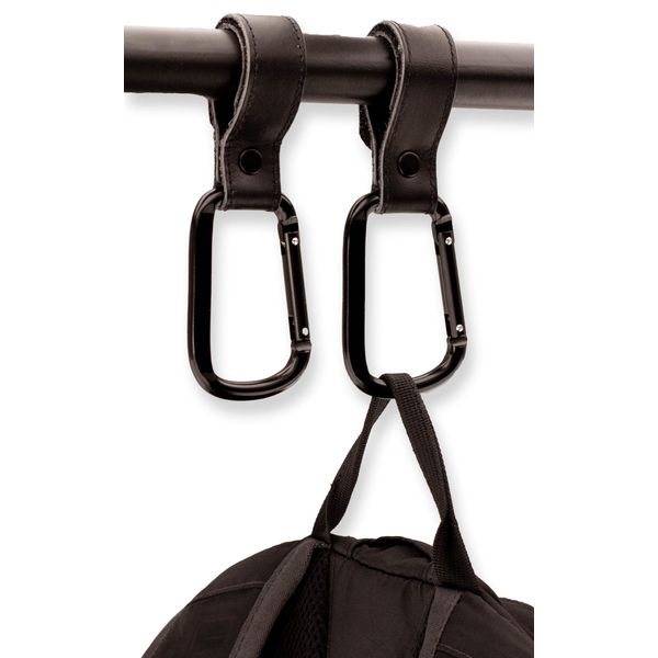 Brute Strength - Leather Stroller Hooks - Black 2X - Full Grain Leather - Mommy Hook - Stroller Clip - Bag Hook - Straps with Hooks - Carabiner Hook Clips