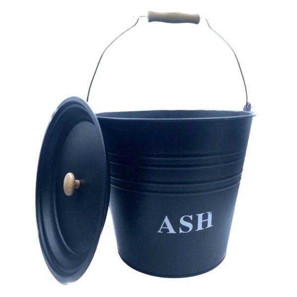 Eyesome 12L Metal Ash Bucket with Lid Easy to Carry Sturdy Wooden Handle Metal Bucket for Hot Ash Coal Logs Chunks Pellets Wood Fireplaces Fire Pits Galvanised Bucket for Indoor Outdoor BBQ