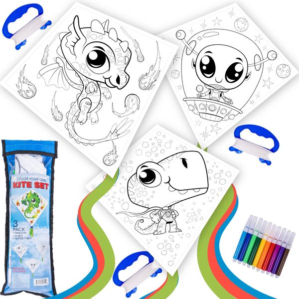 Hapinest Make Your Own Kite Kit for Kids | Easy to Fly Kites Easter Basket Stuffers Outdoor Toys and Crafts for Boys Ages 4 5 6 7 8 9 10 11 12 Years Old and Up | 3 Pack - Dinosaur, Dragon, Alien