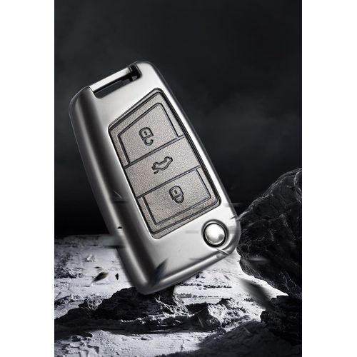 Autoschlüssel-Schutzhülle, kompatibel mit VW Volkswagen Golf 7 Polo Tiguan Taigo Seat Leon Ibiza Skoda Octavia Superb Fabia 3 Tasten Schlüsselhülle Grau Leder Schlüsselhülle
