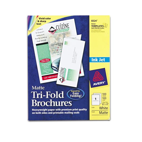 Avery 8324 Tri-Fold Brochures for Inkjet Printers, 8 1/2 x 11, White, 100 Sheets/Box