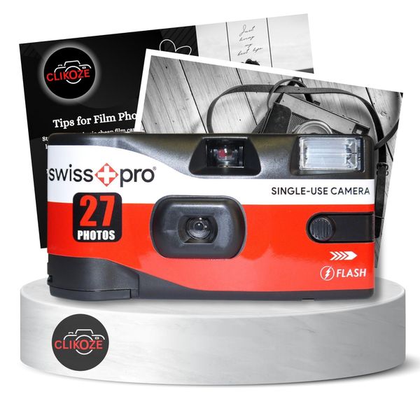 Disposable Camera Bundle with Swiss+Pro Disposable Camera Single-Use Film Cameras with 27 Exposures and Clikoze Disposable Photography Tips Card