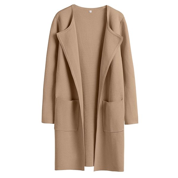 ANRABESS Women's Open Front Knit Lightweight Cardigan Casual Long Coatigan Sweater Lady Jacket Coat 2024 Fall Outerwear Khaki Small