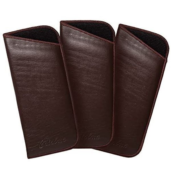 Calabria PU Flat Soft Eyeglass Case 3 PACK-BROWN Syn.Leather &Felt Lined NO CLIP