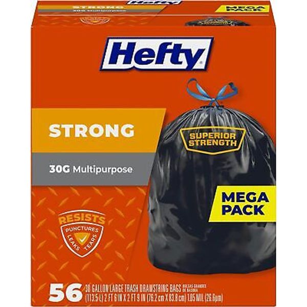 Hefty Strong Large Trash Bags, 30 Gallon, 56 Count 56 (Pack of 1), Black