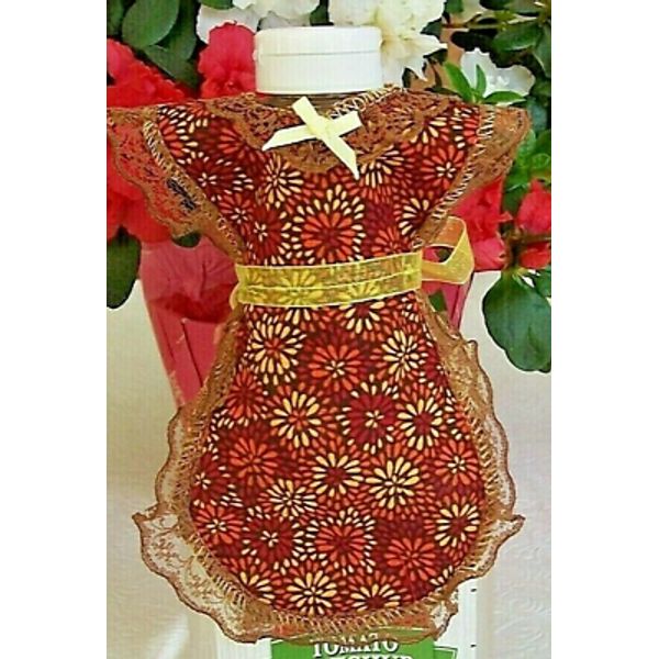 Floral Orange Yellow Apron Cover-up Pancake Syrup Catsup Dish Soap Bottle Gift