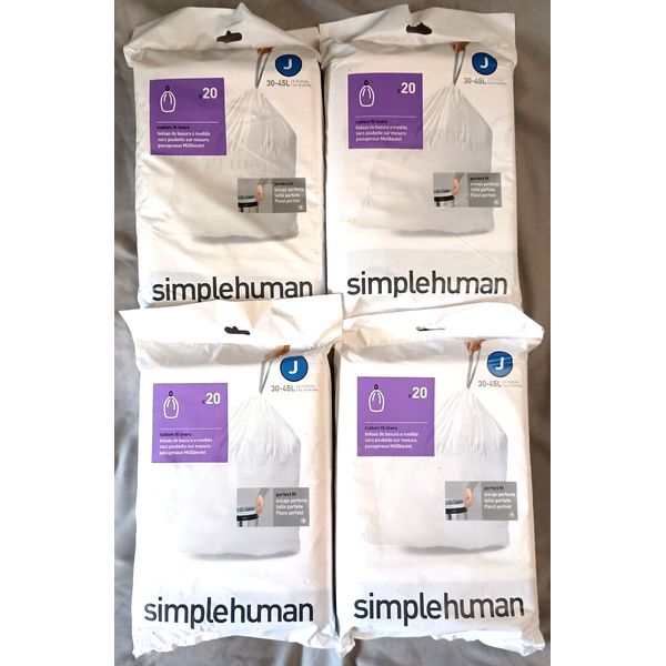 4 Pack SimpleHuman Custom Fit Liners Code J  30-45L 8-12 Gal. US 80 Trash Bags