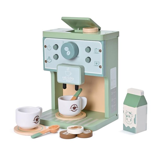 Donmills Kids Wooden Toys Toddler Pretend Play Kitchen Accessories Green Coffee Maker Espresso Machine Playset Montessori Kitchen Toy Gift for Girls and Boys