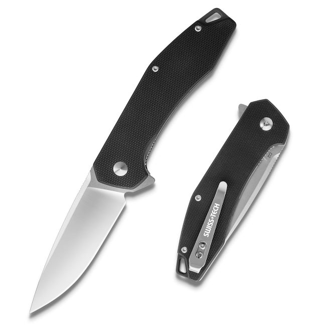 SWISS+TECH Folding Knife, Folding Knife, Outdoor Knife, D2 Steel Blade, G10 Handle, Liner Lock, Outdoor, Camping, Fishing, Climbing, DIY, Survival, Total Length: Approx. 7.8 inches (19.8 cm), Black