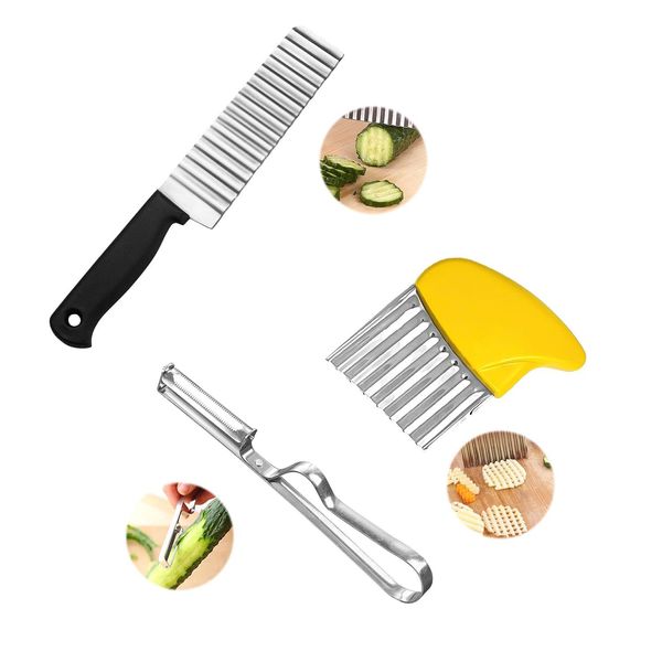 Stainless Steel Wave Knife 2Pcs + 1Pcs Paring Knife Set，for Potatoes, French Fries，Onion and Fruits，for Easy Cutting.Plastic Stainless Steel Potato Vegetable Grater, French Fries Knife, Potato Cutter.