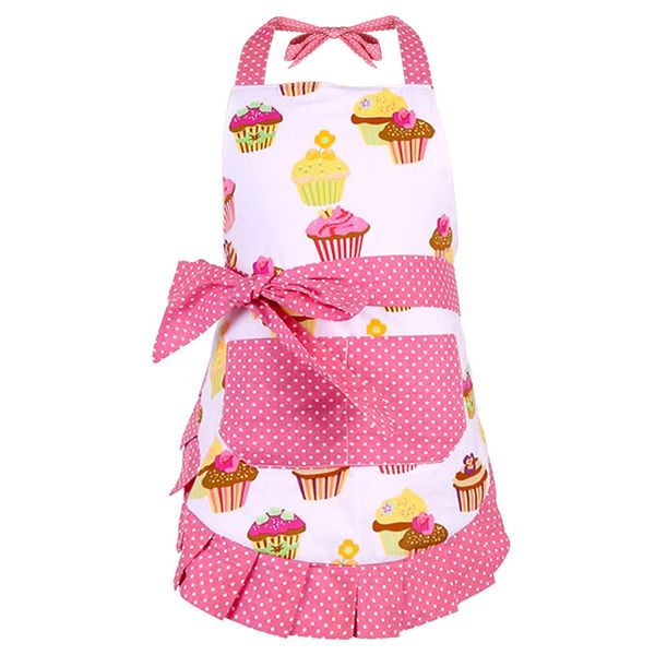 G2PLUS Cotton Aprons for Kids, Toddler Apron with Pocket, Cupcake Pattern Kid's Apron for Cooking, Baking, Xmas, Gardening (Pink)