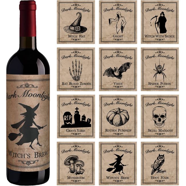Perkoop 12 Pieces Halloween Wine Bottle Labels Halloween Beer Bottle Labels Sticker Waterproof Wine Bottle Label Stickers Vintage Bottle Label Stickers with Hat Spider Patterns for Halloween,12 Styles