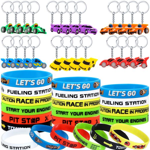 Aoriher 48 Pcs Race Car Birthday Party Favors Racing Rubber Bracelets and Car Theme Keychains Racing Party Goodie Bag Fillers Classroom Rewards for Girls and Boys Birthday Party Decoration Supplies