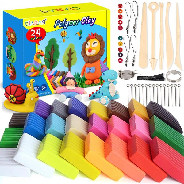 CiaraQ Polymer Clay, 24 Colors Oven Bake Clay Safe and Nontoxic DIY Modeling Clay Set with Modeling Tools, Clay Toy for Kids