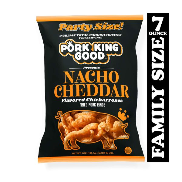 Pork King Good Nacho Cheddar Pork Rinds 7 OZ FAMILY SIZE (Chicharrones - Keto Snacks)