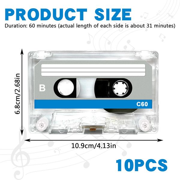 BORDEAG 10 Stück Audio Cassette Empty Cassette Tapes, Audio Kassetten Leer, 60 Min Musikkassette, Leere Audiokassetten Rauscharm Audiokassetten Für Vorlesungen Seminare
