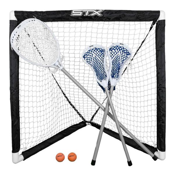 STX FiddleSTX Three Player Game Set with Two Field Player Sticks One Goalie Stick Mini Goal and Balls , White/Grey